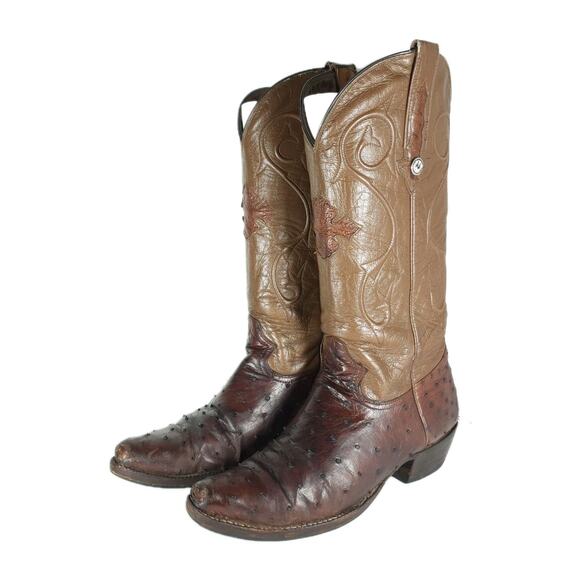 Montana Men's US 10D Ostrich Leather Two Tone Brown Cowboy Western Boots